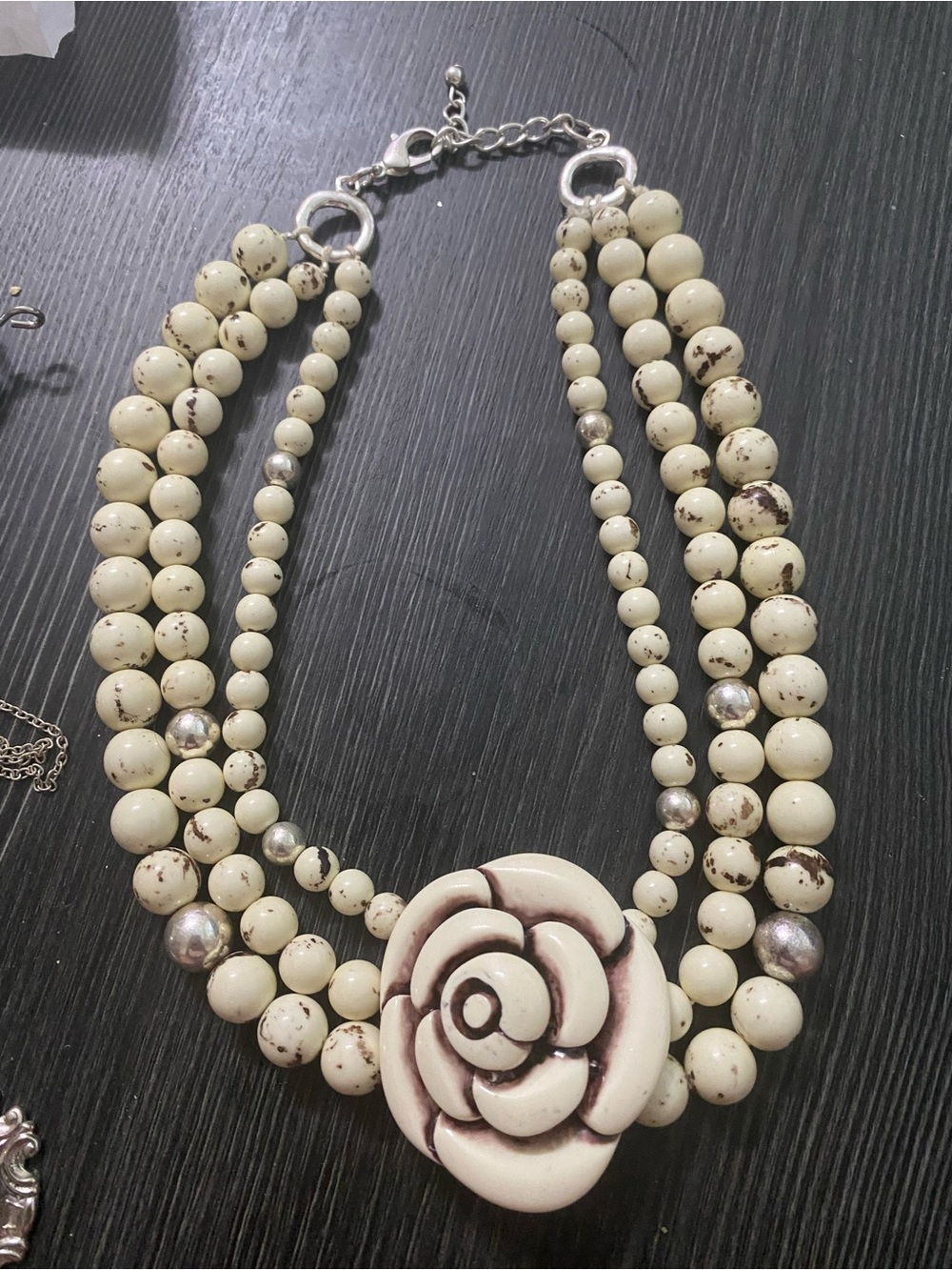 Cream Beaded Necklace with big Rose Pendant